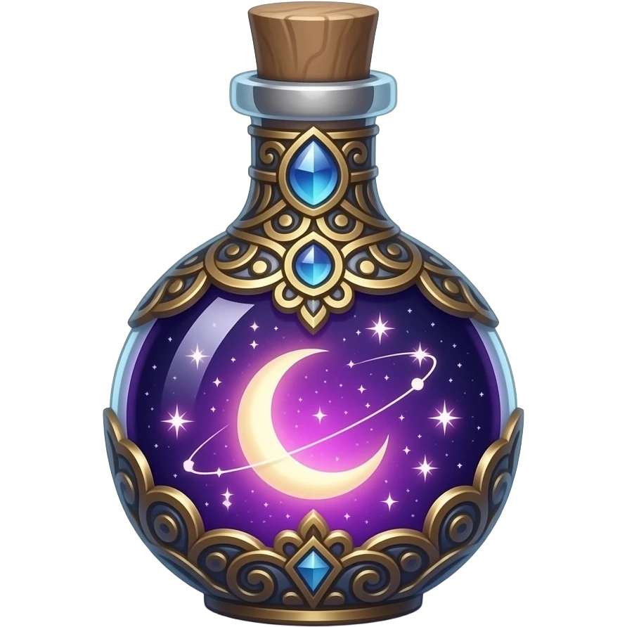a starlit eleshynya vial, its glass cradling a living nebula of violet and rose light, a crescent moon drifting at its heart, stars shimmering in slow orbit, wrapped in ancient filigree metalwork, resting upon silver mist in an enchanted twilight grove emoji