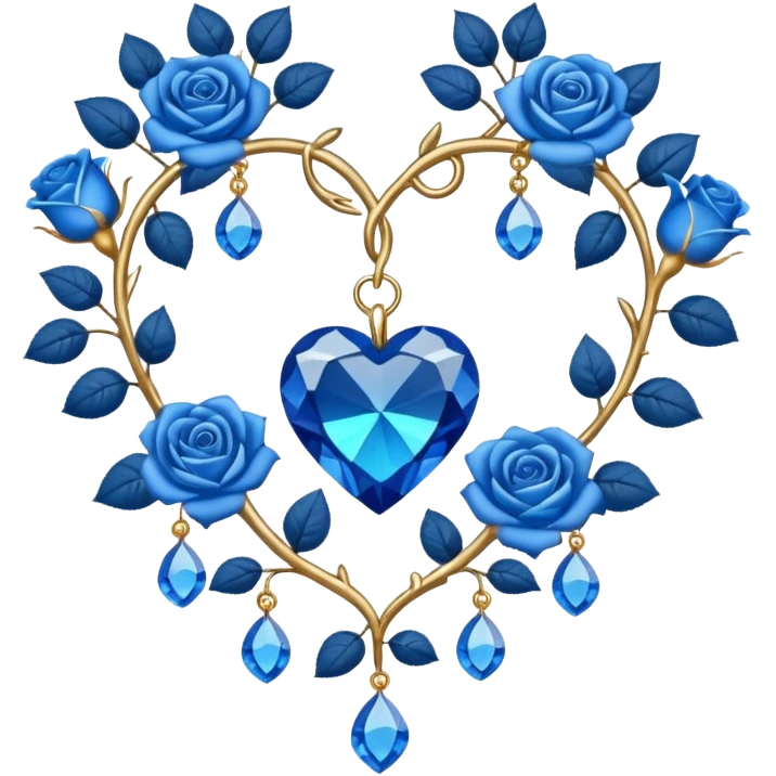 heart shape silver vine with blue roses border with gold and blue crystals hanging  emoji
