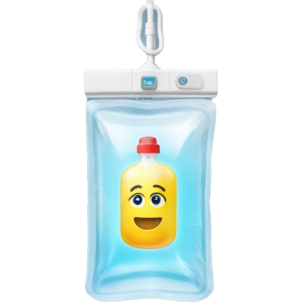 Rectangular transparent plastic iv bag filled with 500ml of saline hanging on an iv pole in an intensive care unit  emoji