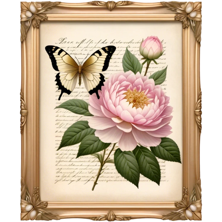 An aged botanical journal, its golden-edged pages filled with delicate pressed pink roses, white peonies, and blush dahlias, as a pearl butterfly delicately rests on the handwritten notes.
 emoji