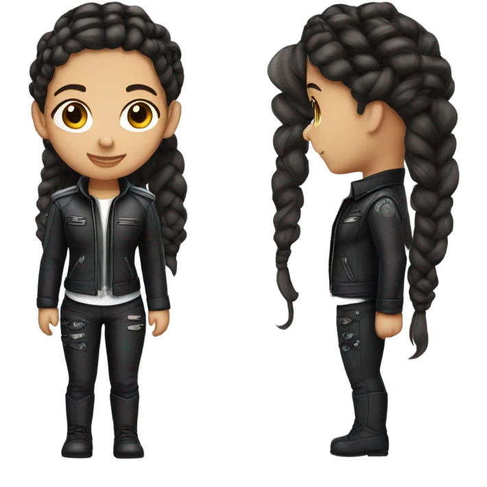 Small beautiful teenage girl with dark brown braided hair that fades to silver , wearing all black flight leathers emoji