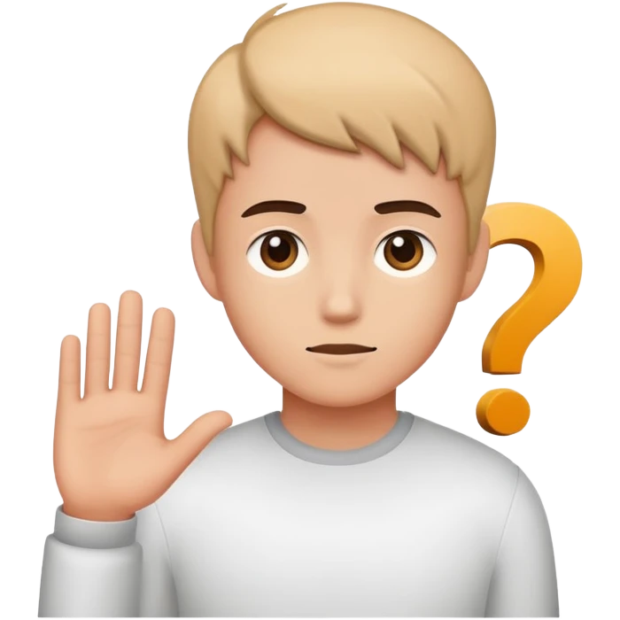 young character standing with a small help icon or question mark above their shoulder emoji