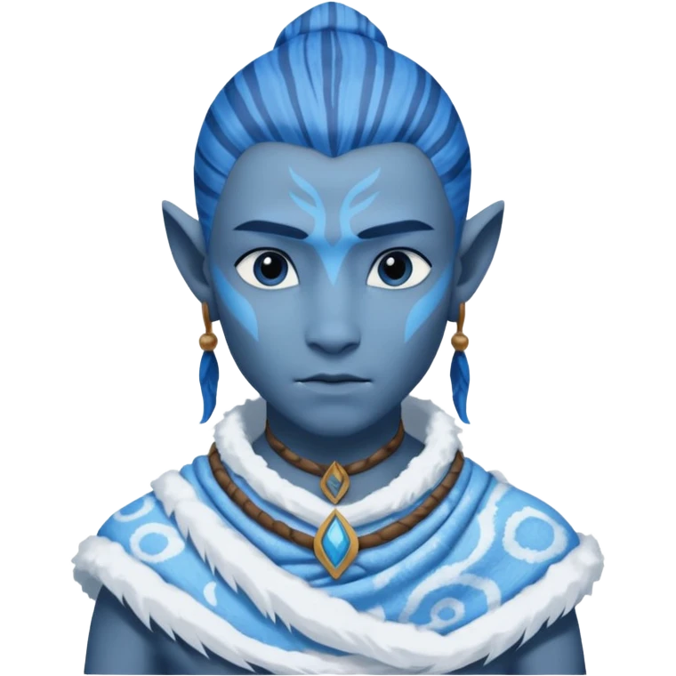 a Avatar blue skin wearing ancient animal skin cloth with snow, half body, icon emoji