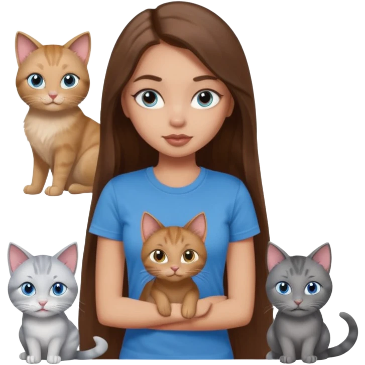 a pretty bratz dusky light skin girl with long brown hair, blue eyes with six cats nd wearing a grey tshirt emoji