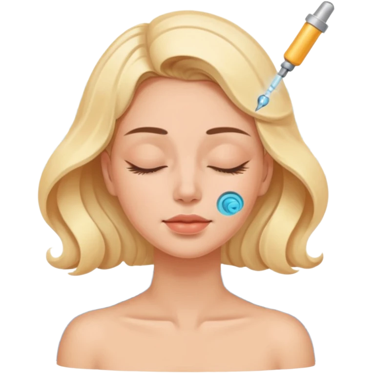 Emoji of a woman with eyes closed, getting an ultrasonic cavitation treatment on her cheek, blue waves showing vibration emoji