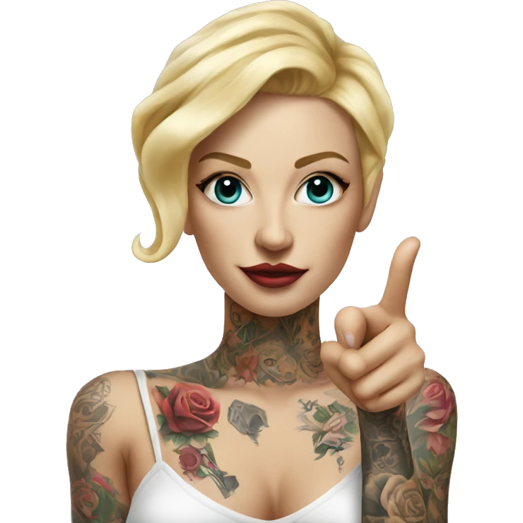 Blonde elegant women, her Body Covered with Tattoos, POINTING YOU with her HAND , Hyper realistic emoji