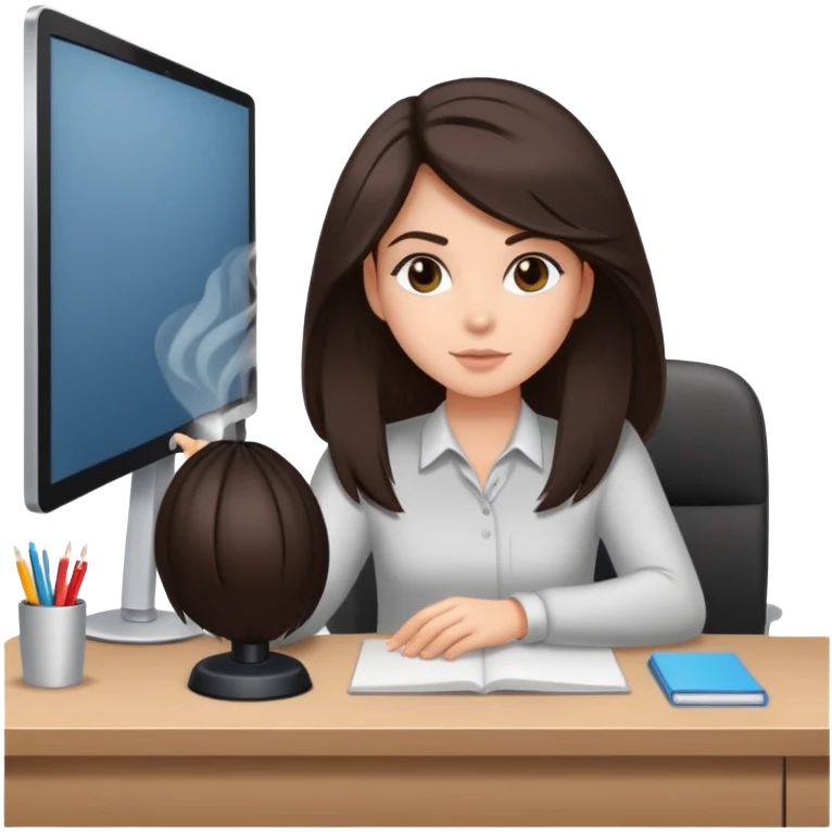 girl with dark brown/black hair with fresh blowout sitting at a desk  emoji