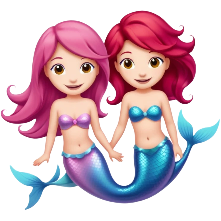 Cute iOS-style emoji of a pastel pink dolphin and a red-haired mermaid, smiling at each other. 
Simple vector emoji design, bold outlines, soft gradients, glossy look, centered, white background. emoji