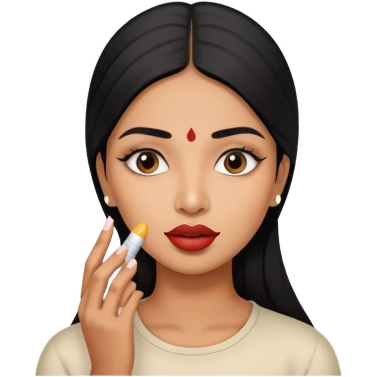 A gorgeous indian with black hair women applying lipbalm on her brown lips emoji