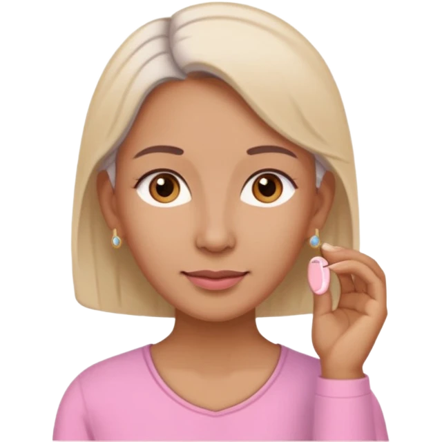 Memoji woman baju pink muka,telinga warna cream, telinga pakai alat dengar warna beinge emoji