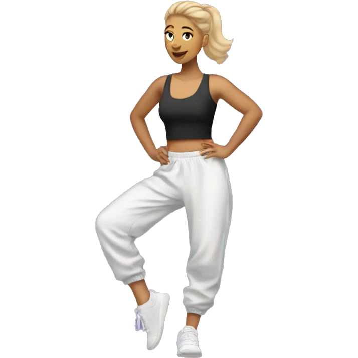white woman dancer in sweatpants and crop top emoji