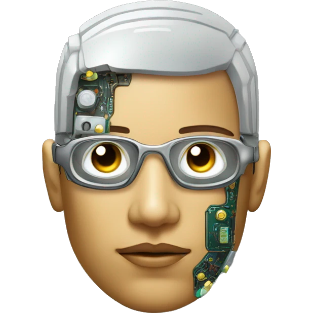 Male cyborg head with metallic skin, flat top, rectangular glasses and circuits emoji