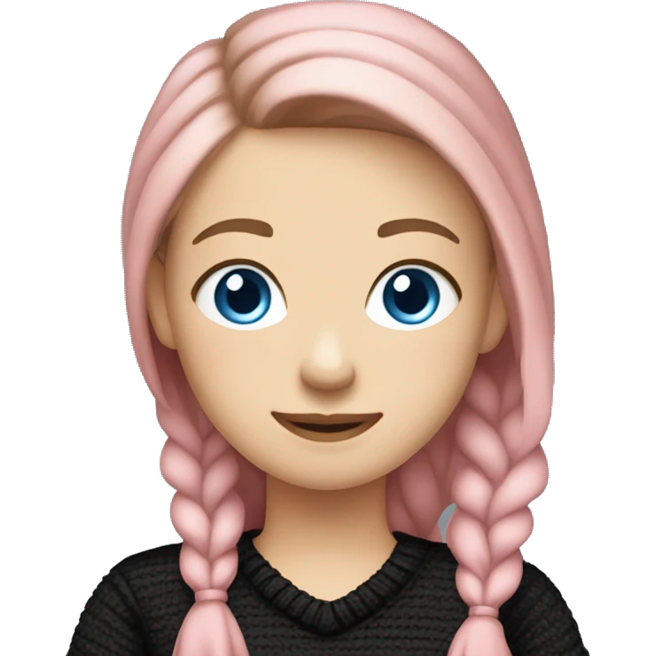 caucasian white IT girl student, holding pink laptop, blue eyes, brown hair ponytail wearing a thick black sweater emoji