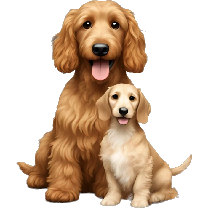 Brown golden doodle and black and tan and cream longhair dachshund sitting together  emoji