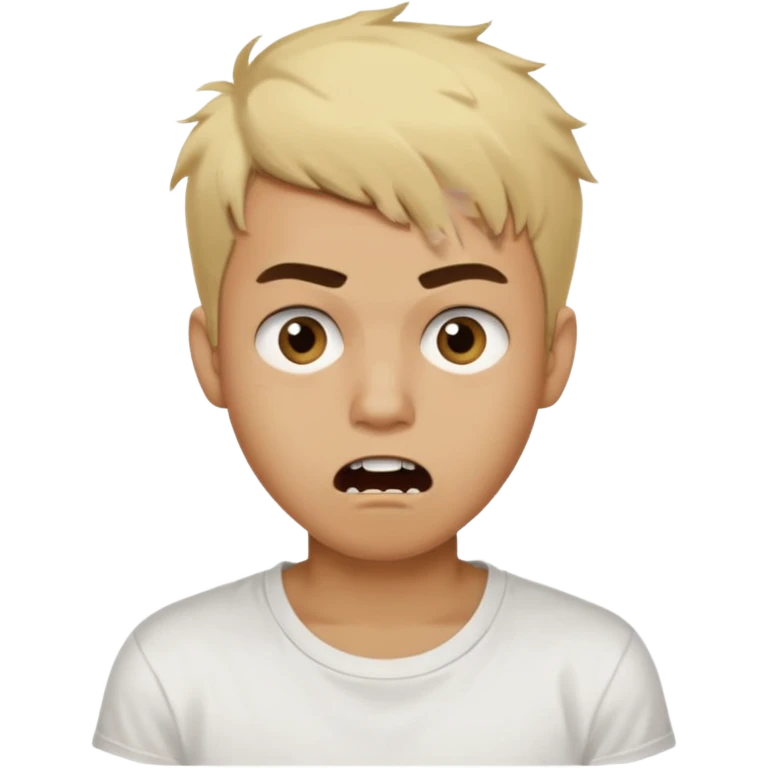 Short buzz, messy blonde hair. Dark brown bushy eyebrows large expressive golden-brown eyes, wearing a plain white t-shirt. Male Teenager. light Dark Brown skin color. Confused mouth gape showing teeth emoji