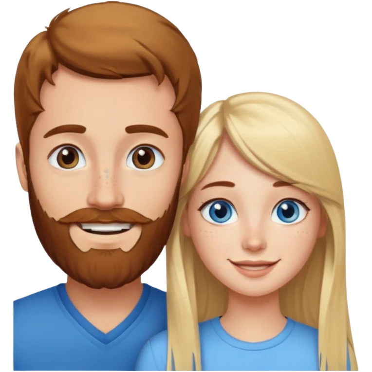 Woman with blue eyes and long blond hair and a bang in love with brown hait man with beard and freckles emoji