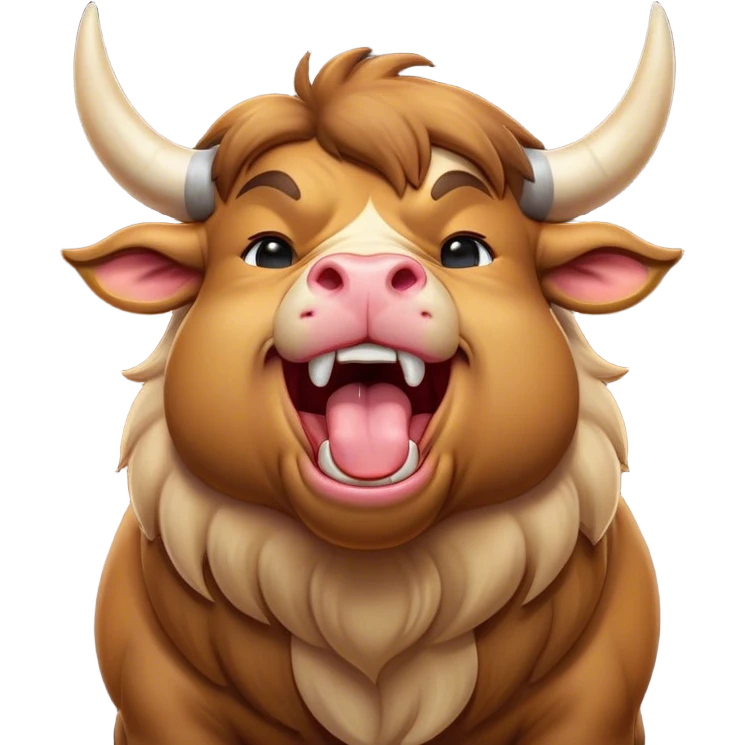 Cinematic Cute Yawning Domestic Bull Portrait Emoji, Head tilted slightly with a dramatic, wide-open yawn, showcasing a robust, muscular frame with a soft, downy coat and subtly drooping horns, round eyes barely open in drowsy contentment, Simplified yet irresistibly adorable features, highly detailed, glowing with a soft, cozy natural glow, high shine, relaxed yet expressive, stylized with a dash of rustic whimsy, soft glowing outline, capturing the essence of a sleepy yet affectionate domestic bull that seems ready to stretch out and settle for a nap! emoji