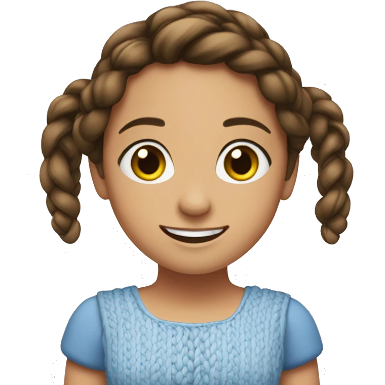 The girl is brunette, with braided hair, brown eyes, smiling. She is wearing a blue dress emoji
