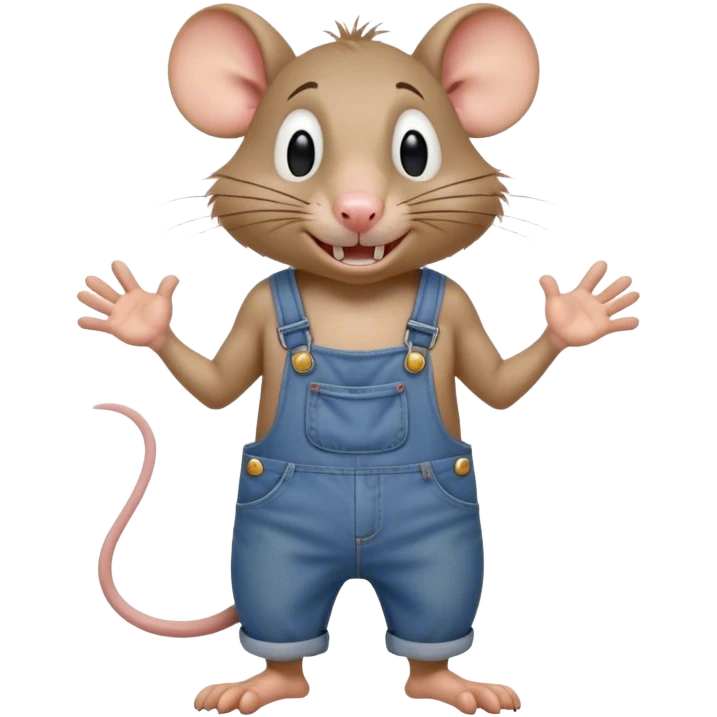 Not smiling.  disheveled dizzy cartoon hillbilly rat wearing overalls no shirt. standing and talking full body. human eyes. teeth showing talking. walking talking moving arms. reacting upset emoji