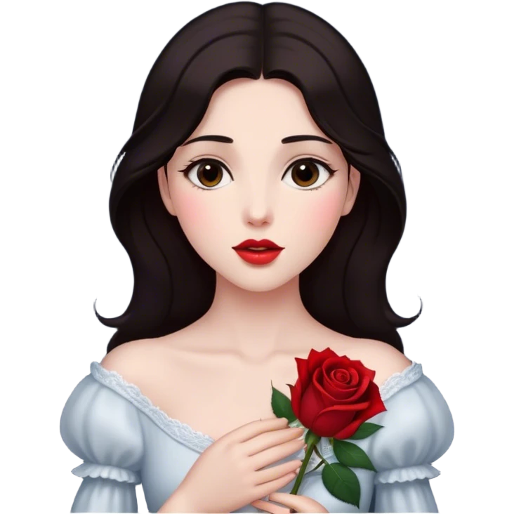 Cinematic Elegant Aurora Portrait Emoji, Delicately holding a single red rose, gazing with soft wonder, lips gently parted as if about to sing, the picture of grace and elegance, glowing with royal charm! emoji