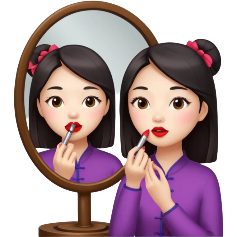 A chinese girl is prettying herself in front of mirror and the mirror reflects her face emoji