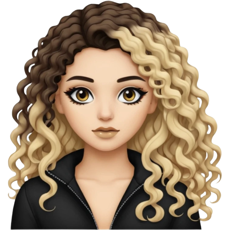 brunette, baddie, pretty makeup, black eyeliner, split dye leftside blonde rightside black long and curly hair emoji