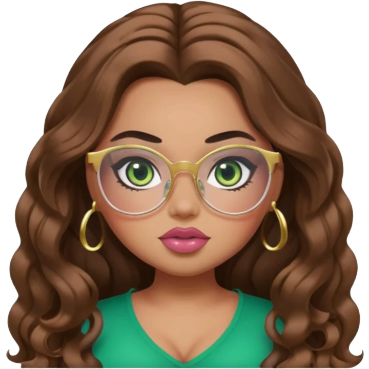  long brown wavy hair, light skin, green eyes, pretty bratz baddie, big plus size , black eyeliner, blush, gold glasses  emoji