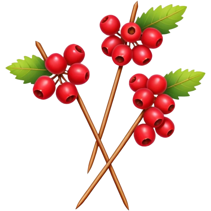 Northeast China candied hawthorn sticks tanghulu bright red fruits on skewer, simplified emoji style with bold outlines and bright colors, cartoon style sugar-coated berries emoji