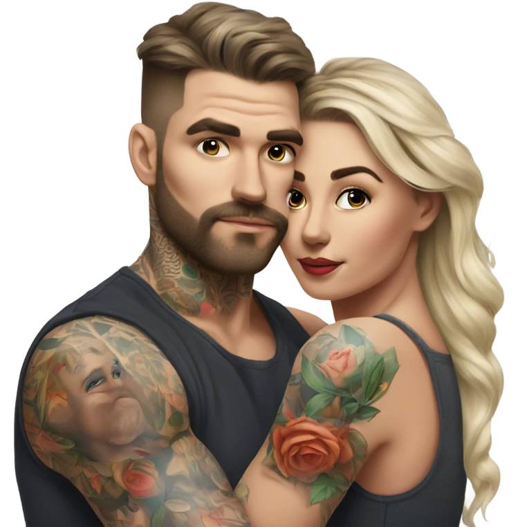 Hyper Realistic beautiful woman in the arms of a very handsome tattooed man kissing  emoji