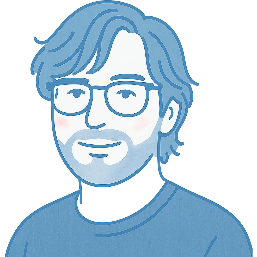 A man with stylish glasses, attractively disheveled longer hair with perfectly styled bangs that frame the face, a round but not chubby face shape, and a broader nose. Use washed-out blue for primary outlines, delicate pink highlights for dimension, and soft gray for the beard and shadow details. emoji