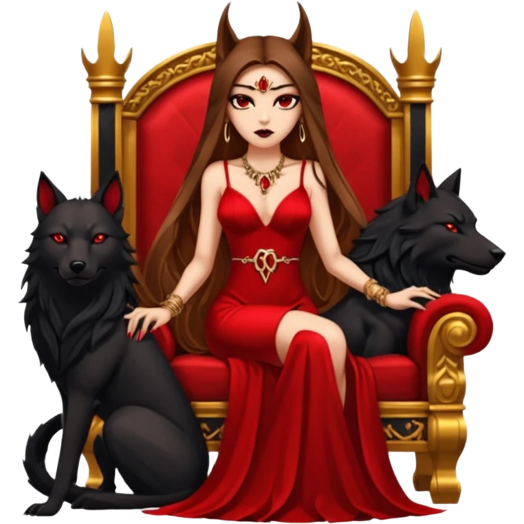 Caramel skin toned Lilith symbol seductress evil brown straight long hair haired, sexy succubus woman with red and black Chanel dress sitting on a Black and gold throne. A large black wolf laying beside he emoji