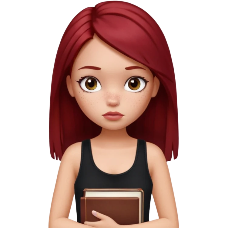 a pretty bratz fair girl with dark red straight hair, black cami top, looking sad holding books emoji