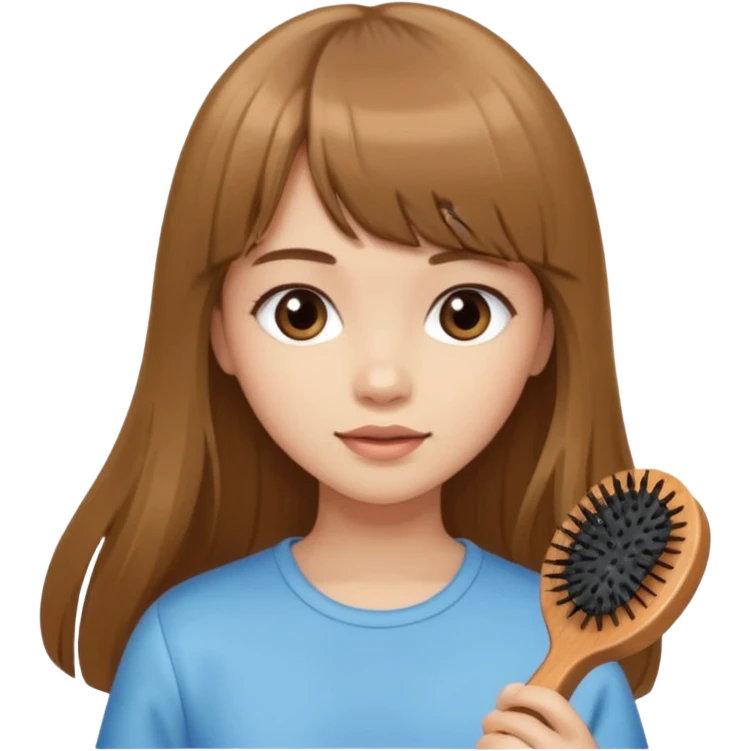 a girl with light skin and medium brown long hair with bangs who is brushing her hair with a hairbrush emoji