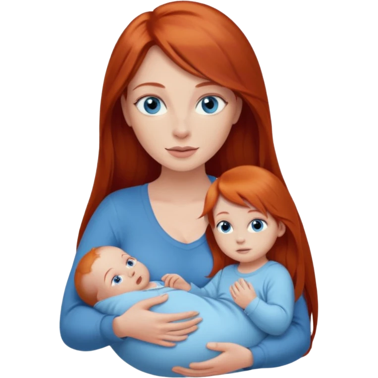 A red head with long straight hair, she has blue eyes with big boobs and a baby boy with blue eyes emoji