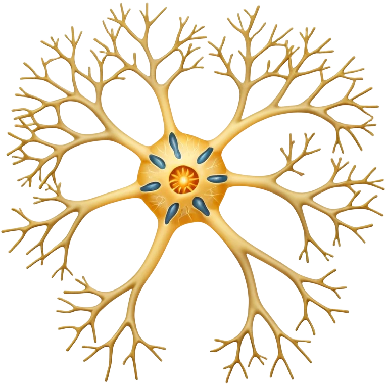 A unilateral scientifically accurate nerve cell with the 3 main components, dendrites on the cell body on one side , a long axon and a few dendrites at the other side. Not a spherical or round nerve cell, a long body nerve cell emoji