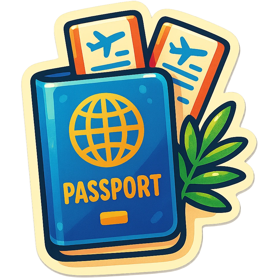retro sticker-style illustration of a passport with two airline tickets sticking out, with a small palm tree or tropical leaf next to the passport, bold outlines, juicy colors, expressive shadows and highlights, playful and glossy look emoji