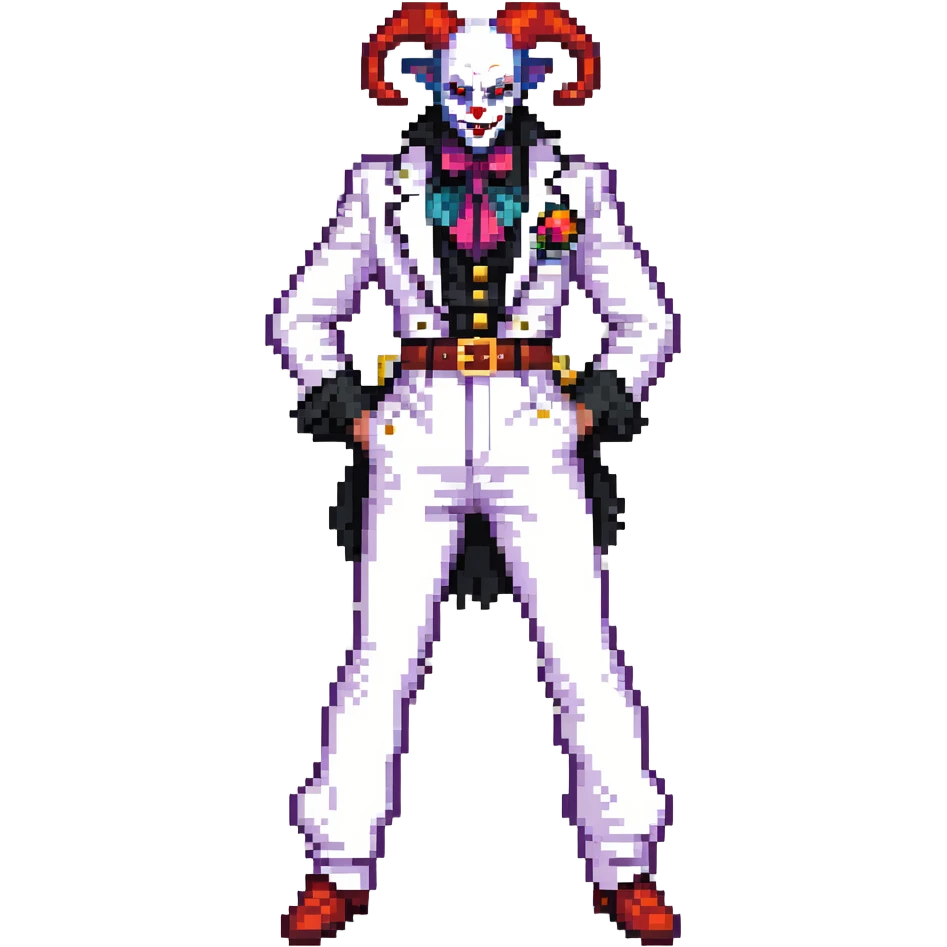 full-body demonic clown in a white leisure suit with bellbottom pants, bald, with black ram horns, flashy belt, ruffled shirt, no neck tie emoji