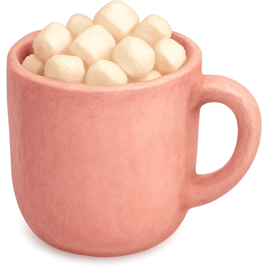 pink cozy mug with marshmallows, comforting emoji
