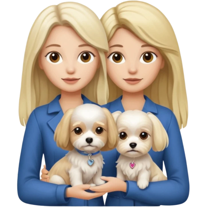 two women are holding only one Maltese dog. one woman is brunette the other woman is blonde long haired  emoji