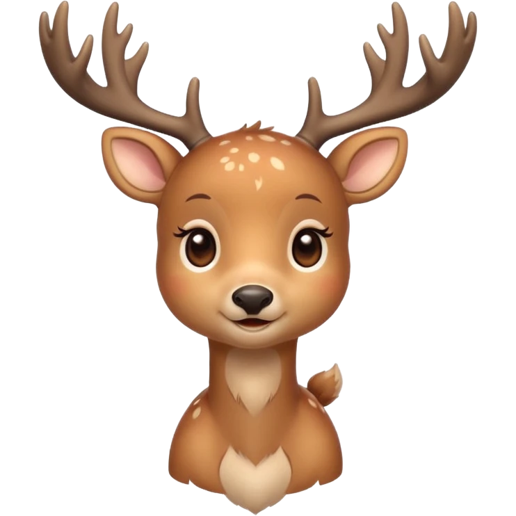 A cute deer is lying, small and simple, with big round eyes, a gentle smile, short antlers, soft beige fur with slightly lighter spots on its back, rounded cartoon-like proportions, minimal shading, vector-style, emoji