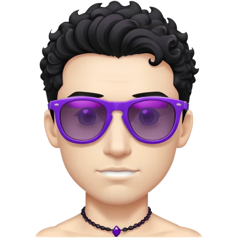 shirtless male athlete with white skin and moderately curly black hair on top with shaved sides, wearing purple sunglasses with black tinted lenses and a shiny black necklace emoji