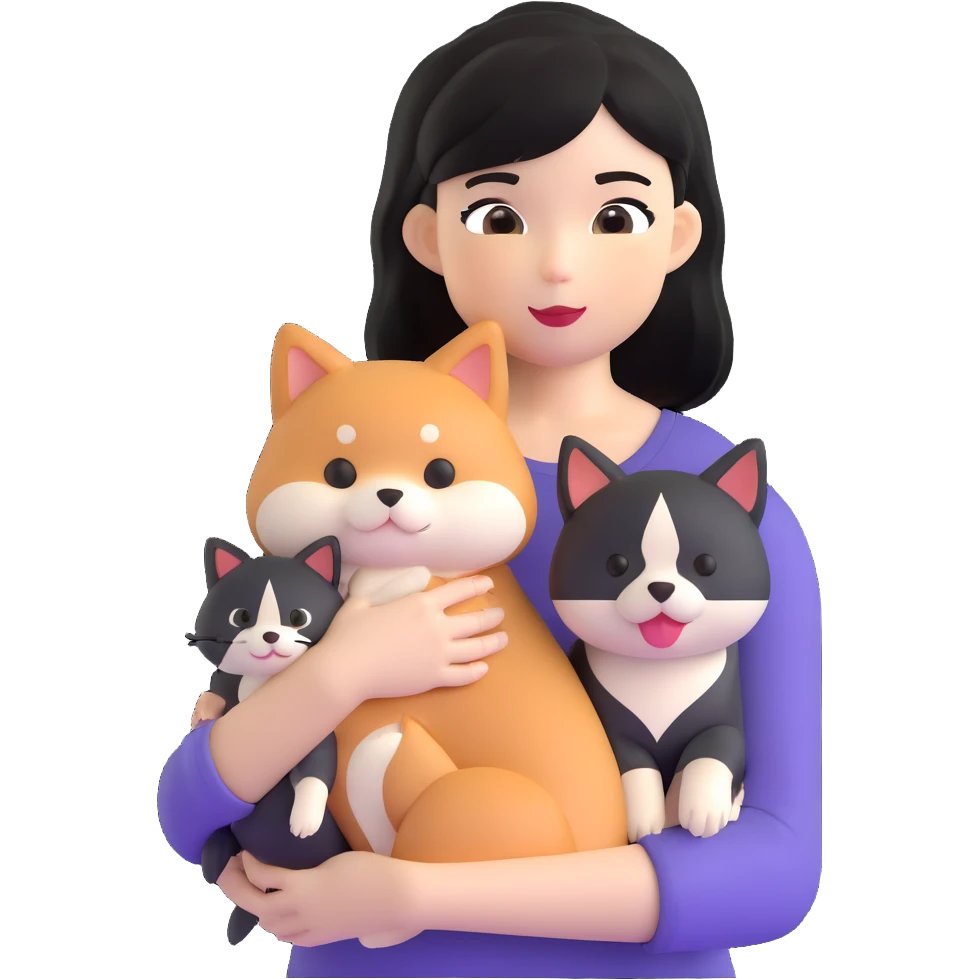 girl with black shoulder-length hair wearing a black tight-fitting top with a calico cat with white mouth and a shiba inu dog emoji