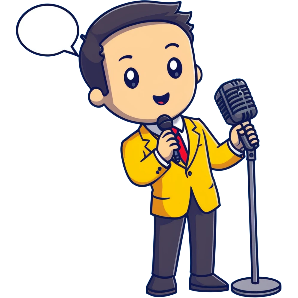 Man with black pulled back hair, wearing a yellow suit and red tie, holding a microphone emoji