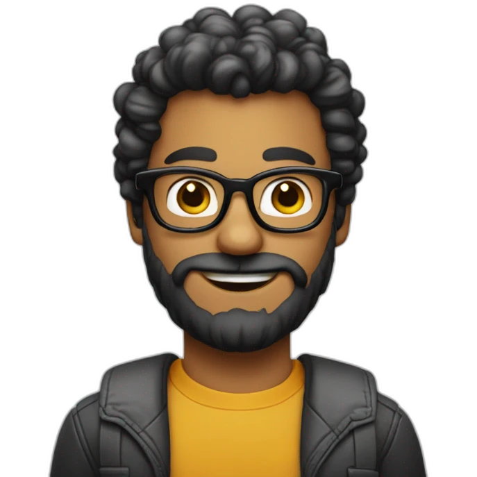 homem com cabelo e barba pretos com boina e óculos nerd. emoji