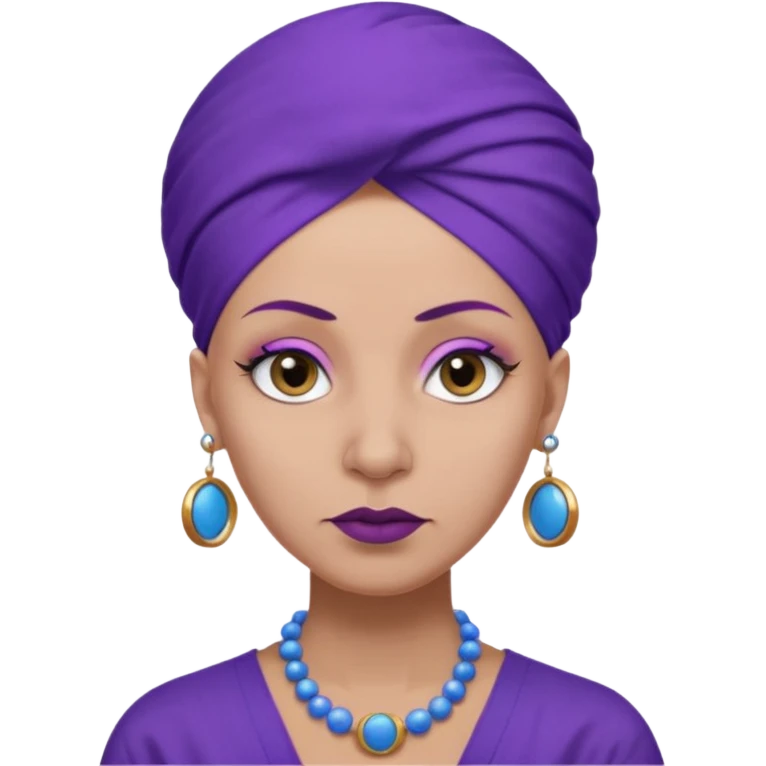 make her skin purple, she has no hair and her eyelashes are huge and she's old and and mean looking with a purple turban with big blue circle earrings and a purple big collared shirt emoji