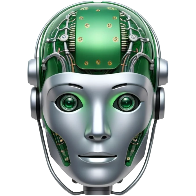 An icon featuring a humanoid robot head, neural network connections, and binary code, symbolizing artificial intelligence. The design includes a brain with circuits and machine learning algorithms, representing the study and development of intelligent systems. Transparent background  emoji
