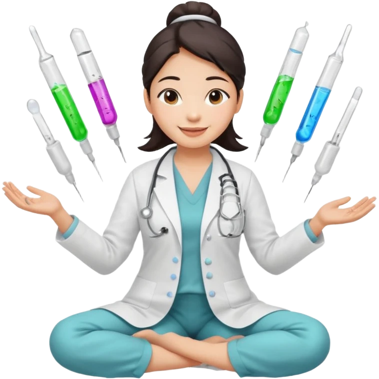 emoji of an asian woman with a single bun in a white lab coat sitting cross legged with a pipettes levitating in an arc around her head emoji
