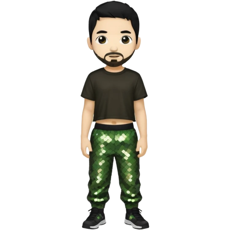 Mike Shinoda with black hair, black sequin crop top, olive sequin baggy pants emoji