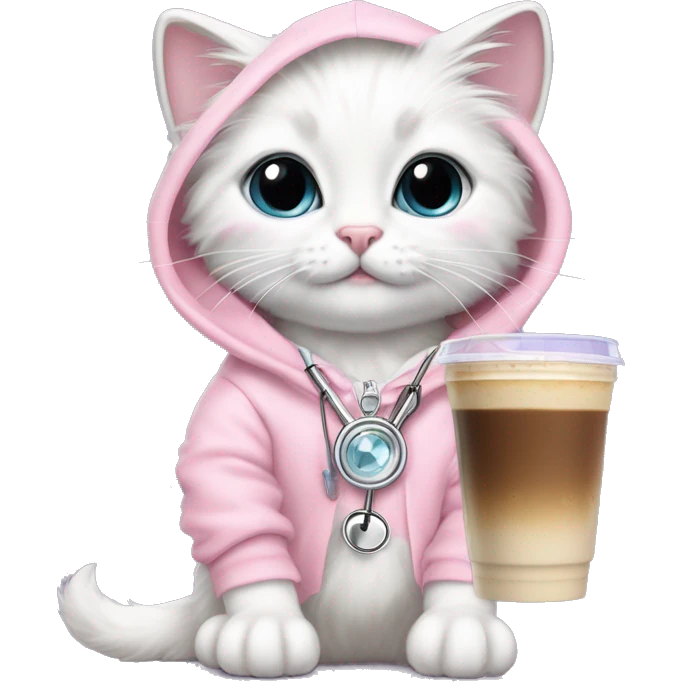 White rag doll kitten wearing a fancy light pink hoodie and a diamond filled stethoscope necklace with iced coffee  emoji