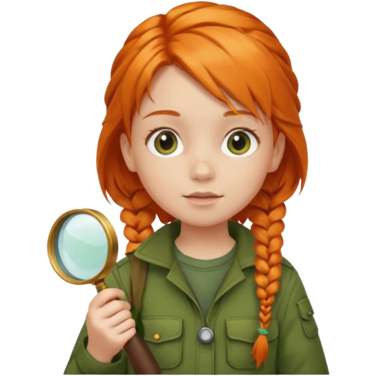 braid orange haired girl kid in moss green explorer outfit, holding magnifying glass emoji